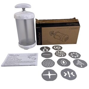 The Pampered Chef Cookie Press 1526 Aluminum Barrel 9 Discs and Ricer with Box